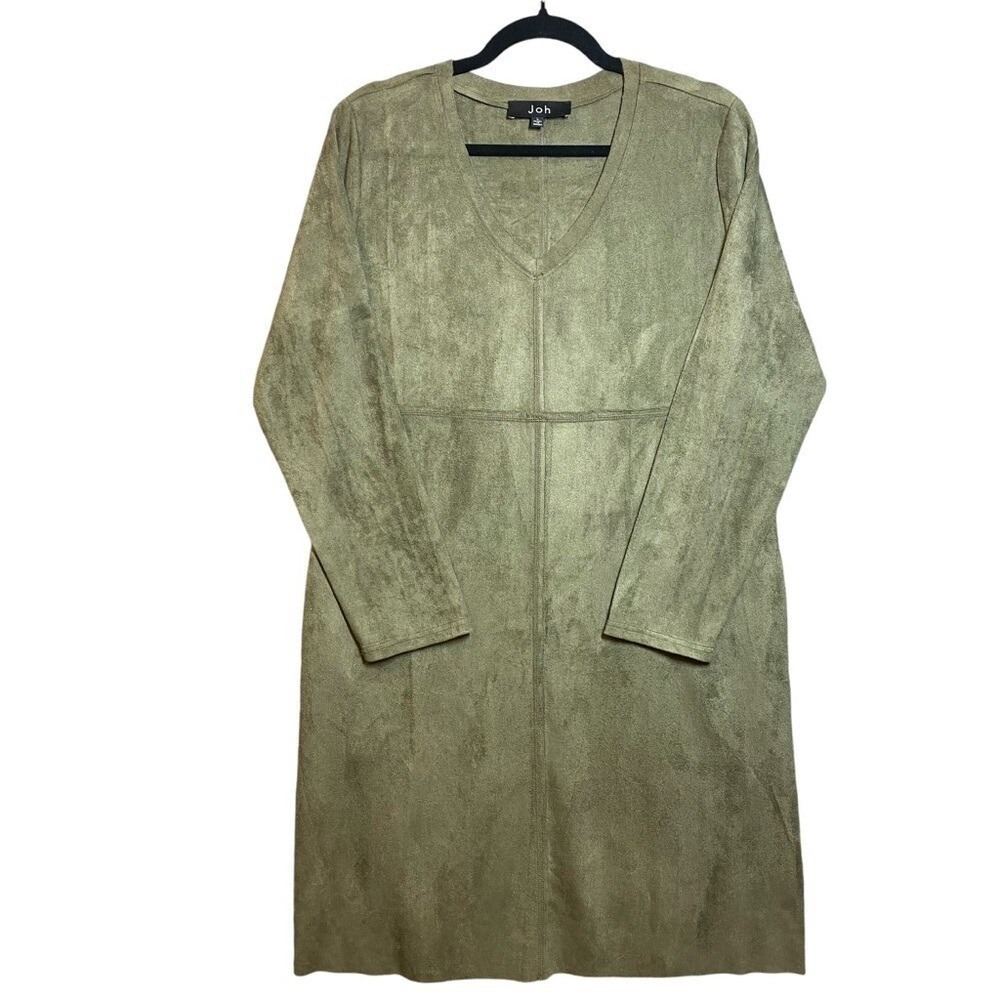 Womens Large Olive Green Faux Suede Shift Dress Long Sleeve V Neck Pockets Boho